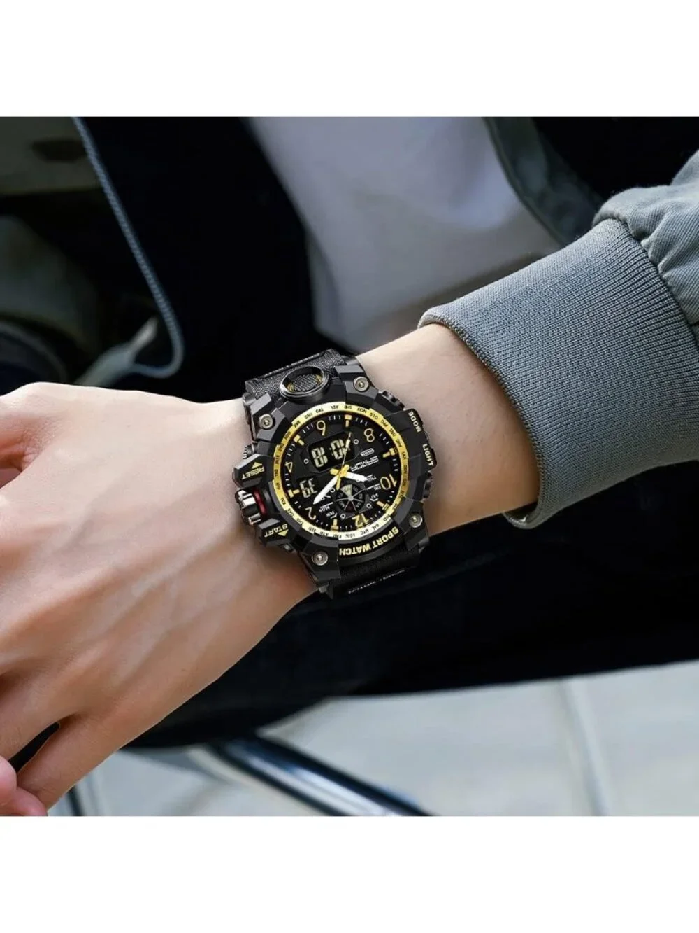 Mens Black Gold Analog Quartz Sports Waterproof Military LED Digital Wrist Watch